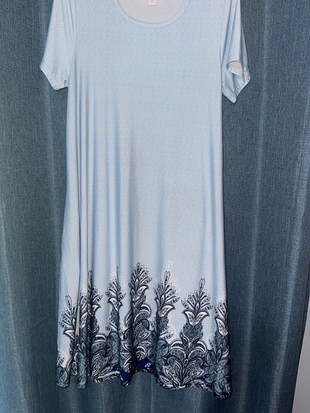 LuLaRoe Light Blue Midi Dress with Navy Teal Border Print